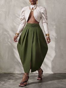 BamGlimmer Autumn/Winter Olive Green Pleated Asymmetrical Half-Length Skirt, With A Bold And Elegant Style, Suitable For Parties And Daily Outings. - Green - View 6