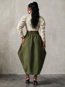 BamGlimmer Autumn/Winter Olive Green Pleated Asymmetrical Half-Length Skirt, With A Bold And Elegant Style, Suitable For Parties And Daily Outings. - Green - View 3