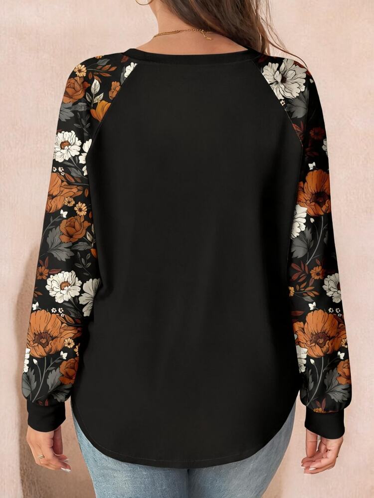 SHEIN SXY Vintage Elegant Plus Size Floral Print Loose Raglan Sleeve Round Neck T-Shirt For Plus Size Women, Suitable For Spring & Autumn,Flower/Summer/Vacation - Multicolor - View 2