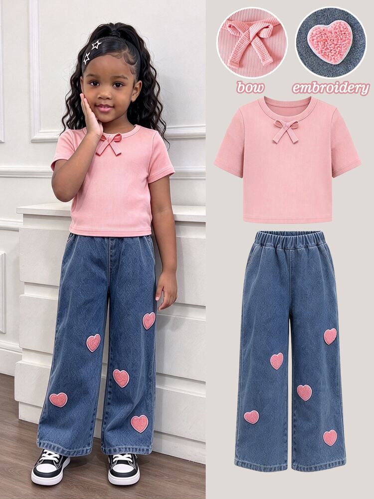 SHEIN Genkimix Kids Girls 2 Piece Outfit Round Neck Short Sleeve Top With Front Bow Detail And Denim Straight Pants With Heart Embroidery Patches Young Girl Casual Matching Set - Pink - View 3
