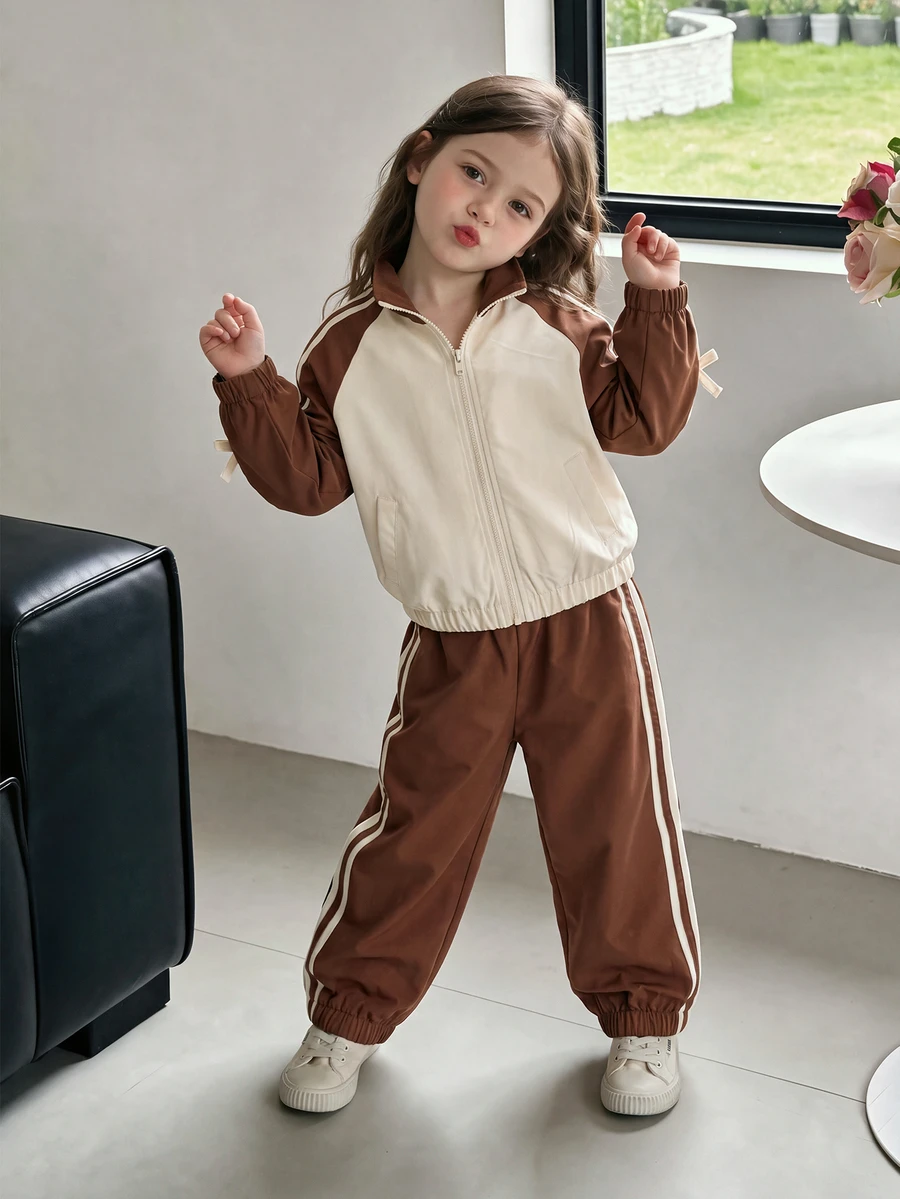 SHEIN Girls 2 Pieces Set, Cute Bow Long Sleeve Stand Collar Regular Fit Jacket + Long Pants, Suitable For Birthday Party, Fall Casual Outfits Brown Orange - Brown - View 1