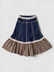 Sweetness Women's Autumn/Winter Plaid Patchwork A-Line Vintage Mid-Length Skirt - Multicolor - View 4
