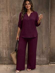 Weeklong Conjunto casual de vacaciones para mujer talla grande con cuello con muescas y decoración de tachuelas, primavera/verano - Burdeos - Ver 1