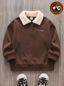 Tween Boys Sherpa Collar Fleece Sweatshirt, Fall Style Warm Lined Pullover Long Sleeve Tops - Coffee Brown - View 1
