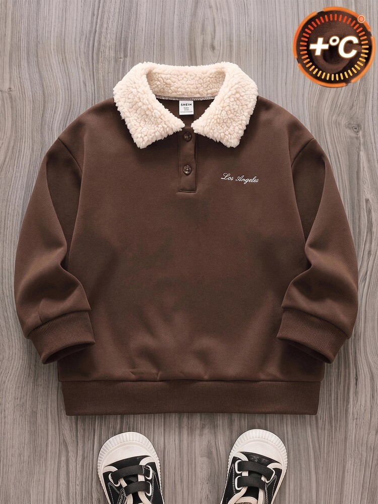 Tween Boys Sherpa Collar Fleece Sweatshirt, Fall Style Warm Lined Pullover Long Sleeve Tops - Coffee Brown - View 1
