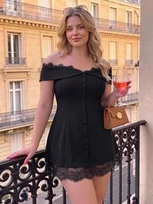 SHEIN MOD Plus Size Women's Black Cold Shoulder Mini Dress, Lace Patchwork Hem, Elegant Sexy, Party Date Night, Formal Occasion, Romantic Summer - Black - View 6