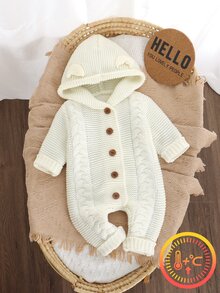 SHEIN Baby Boy Cable Knit Button Front Hooded Jumpsuit Autumn Fall Winter - Beige - View 7
