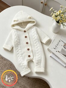 SHEIN Baby Boy Cable Knit Button Front Hooded Jumpsuit Autumn Fall Winter - Beige - View 3