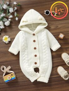 SHEIN Baby Boy Cable Knit Button Front Hooded Jumpsuit Autumn Fall Winter - Beige - View 1