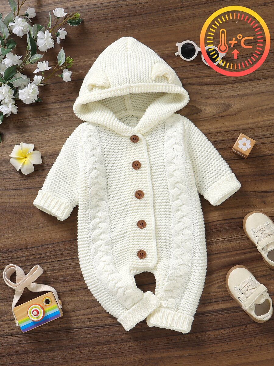 SHEIN Baby Boy Cable Knit Button Front Hooded Jumpsuit Autumn Fall Winter - Beige - View 1
