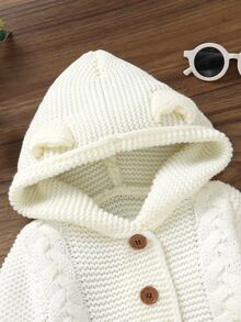 SHEIN Baby Boy Cable Knit Button Front Hooded Jumpsuit Autumn Fall Winter - Beige - View 4
