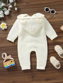 SHEIN Baby Boy Cable Knit Button Front Hooded Jumpsuit Autumn Fall Winter - Beige - View 2