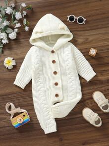 SHEIN Baby Boy Cable Knit Button Front Hooded Jumpsuit Autumn Fall Winter - Beige - View 6
