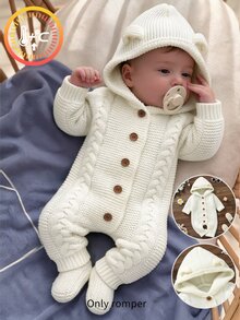 SHEIN Baby Boy Cable Knit Button Front Hooded Jumpsuit Autumn Fall Winter - Beige - View 8
