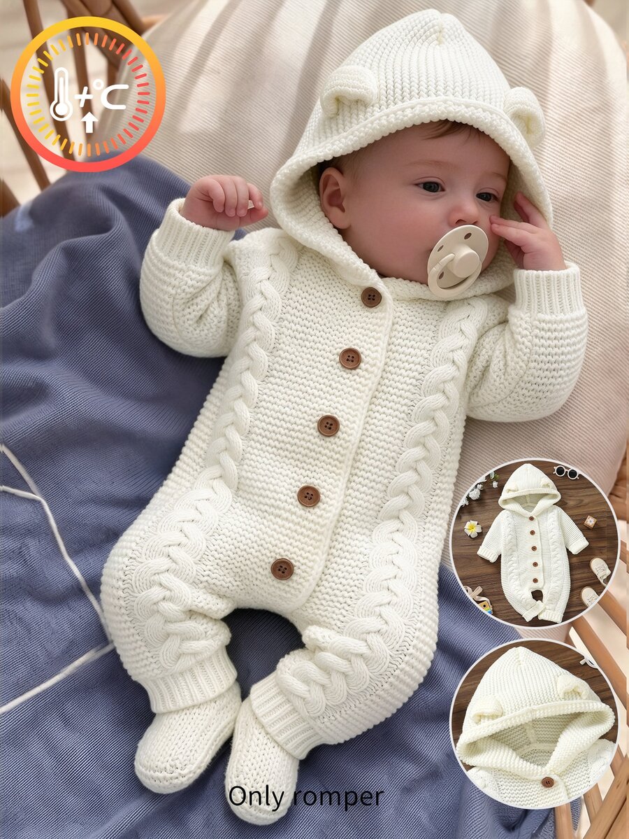 SHEIN Baby Boy Cable Knit Button Front Hooded Jumpsuit Autumn Fall Winter - Beige - View 1