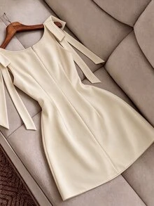 SHEIN PariChic Fashionable Elegant Lace-Up Bow Dress - Apricot - View 2
