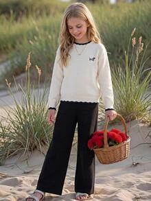 SHEIN Tween Girl Colorblock Long Sleeve Sweater Pants Set Winter - Black and White - View 6