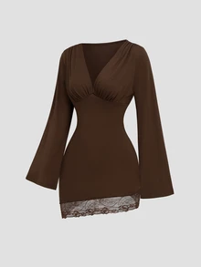 Sweetra Women's Lace Patchwork V-Neck Casual Everyday Summer Dress - Brown - View 5