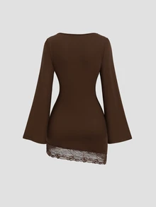 Sweetra Women's Lace Patchwork V-Neck Casual Everyday Summer Dress - Brown - View 3