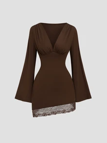 Sweetra Women's Lace Patchwork V-Neck Casual Everyday Summer Dress - Brown - View 8