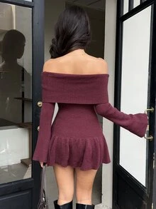Autumina Vintage Red Off-Shoulder Flared Sleeve Knit Dress - Burgundy - View 2
