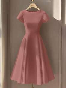 SHEIN Women's Elegant Round Neck Short Sleeve Solid Color White Long Knit Dress - Dusty Pink - View 8