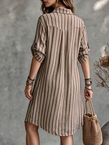 Ceyna Early Summer Coffee Color Vertical Striped Collared Shirt Dress, V-Neck Half-Button Design, Adjustable Rolled Sleeves, Loose Mid-Length Boho Vacation - Khaki - View 2