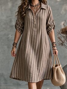 Ceyna Early Summer Coffee Color Vertical Striped Collared Shirt Dress, V-Neck Half-Button Design, Adjustable Rolled Sleeves, Loose Mid-Length Boho Vacation - Khaki - View 5