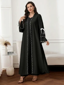 Al Najma Women's Elegant Modest Filipiniana Black Shell Edge Bow Decor Front Opening Abaya Ninang Wedding Night Office Fall - Black and White - View 6
