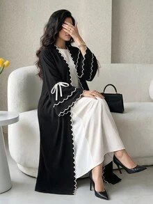 Al Najma Women's Elegant Modest Filipiniana Black Shell Edge Bow Decor Front Opening Abaya Ninang Wedding Night Office Fall - Black and White - View 1