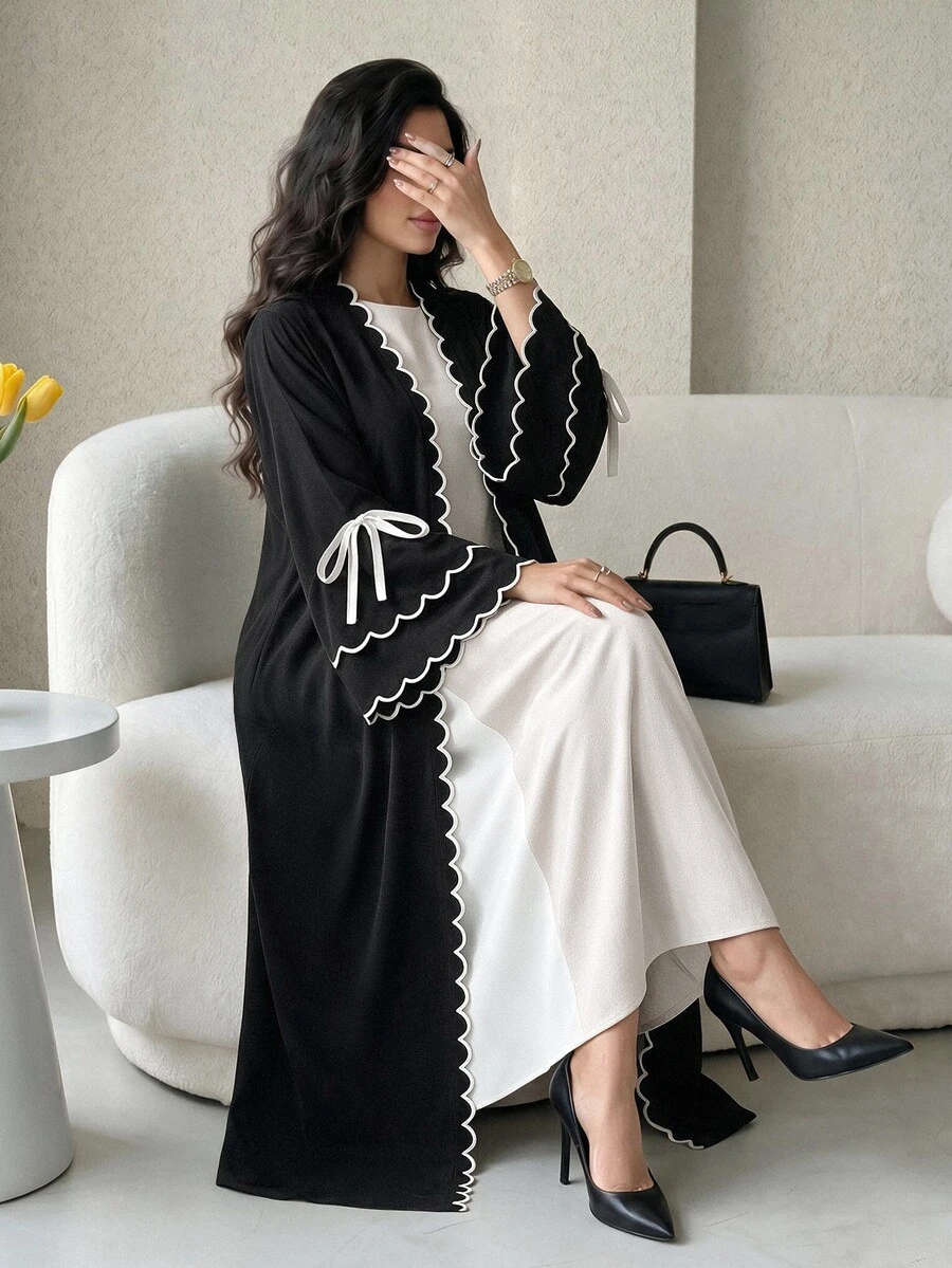 Al Najma Women's Elegant Modest Filipiniana Black Shell Edge Bow Decor Front Opening Abaya Ninang Wedding Night Office Fall - Black and White - View 1