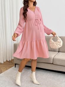 SHEIN Maternity Solid Color Button Half-Placket Waist Tie Lantern Sleeve Ruffle Hem Casual Dress Fall - Pink - View 7
