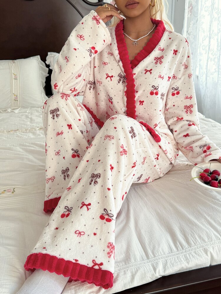 CottageSlumber Bowknot Cherry Print Contrast Color Plush Pajama Set - Multicolor - View 3