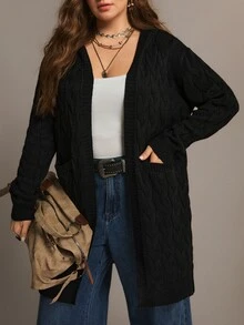Freevana Women's Open Front Hooded Cardigan - Solid Color Black Cable Knit Sweater - Long Coats Winter - Black - View 10