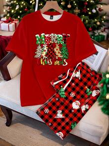 Daypath Men's Christmas Tree Print Short Sleeve Top And Plaid Long Pants Christmas Loungewear Set - Red - View 4