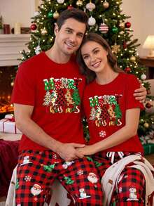 Daypath Men's Christmas Tree Print Short Sleeve Top And Plaid Long Pants Christmas Loungewear Set - Red - View 7
