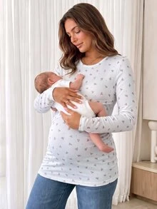 Slowluna Maternity Ditsy Floral Round Neck Long Sleeve Casual Nursing Top Fall - White - View 5