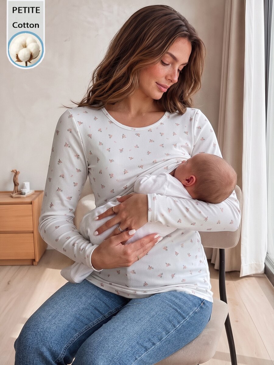 Slowluna Maternity Ditsy Floral Round Neck Long Sleeve Casual Nursing Top Fall - White - View 1