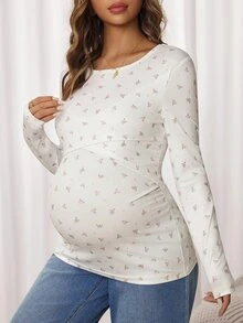 Slowluna Maternity Ditsy Floral Round Neck Long Sleeve Casual Nursing Top Fall - White - View 6