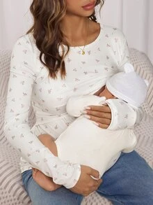Slowluna Maternity Ditsy Floral Round Neck Long Sleeve Casual Nursing Top Fall - White - View 8