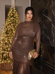 Firerie Plus Size Elegant Sequin Pleated Dress For Evening Party Fall - Coffee Brown - View 3