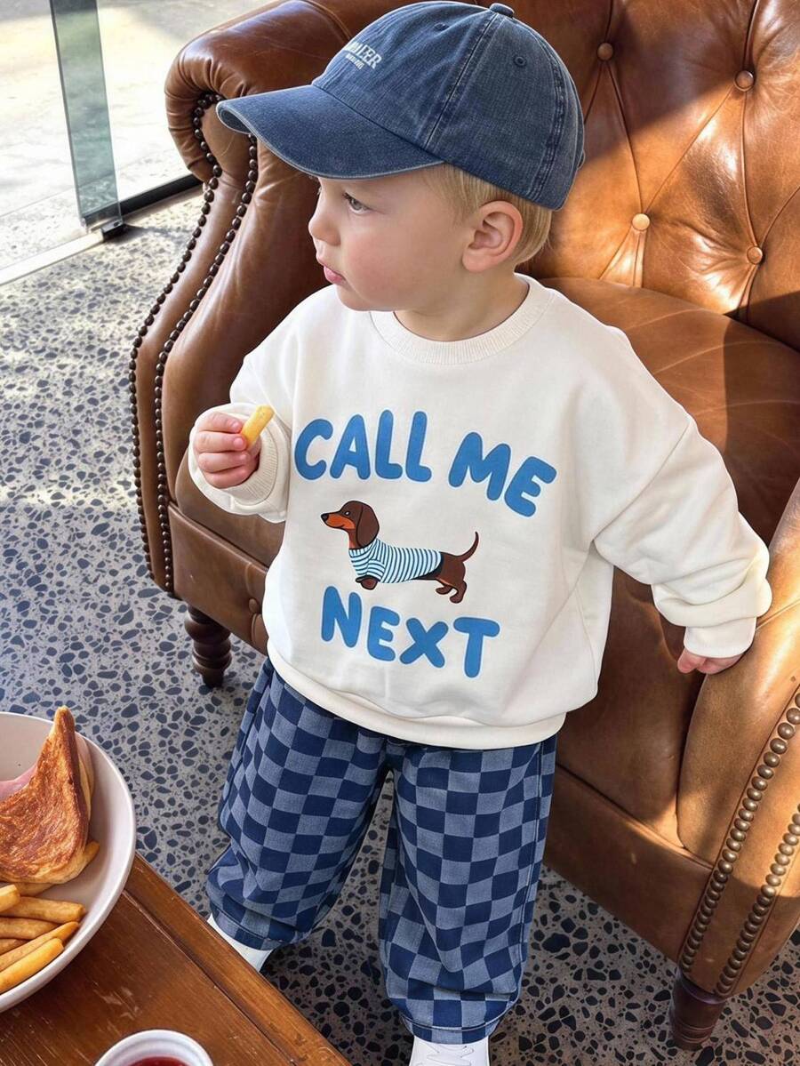 SHEIN THE HAPPY LOOK Young Boy Striped Dog Kids Graphic Sweatshirt And Checkerboard Pattern Denim Autumn Pants Set - Blue - View 1