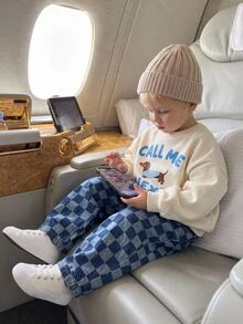 SHEIN THE HAPPY LOOK Young Boy Striped Dog Kids Graphic Sweatshirt And Checkerboard Pattern Denim Autumn Pants Set - Blue - View 8