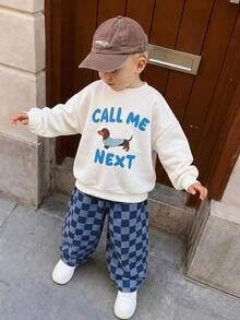 SHEIN THE HAPPY LOOK Young Boy Striped Dog Kids Graphic Sweatshirt And Checkerboard Pattern Denim Autumn Pants Set - Blue - View 4