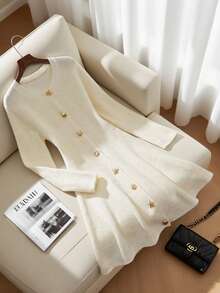 SHEIN Women's Fashionable Elegant Versatile Long Sleeve Pullover Knit Dress, Unique & Exquisite, Suitable For Spring & Autumn Fall Winter Cloth For Women - White - View 3