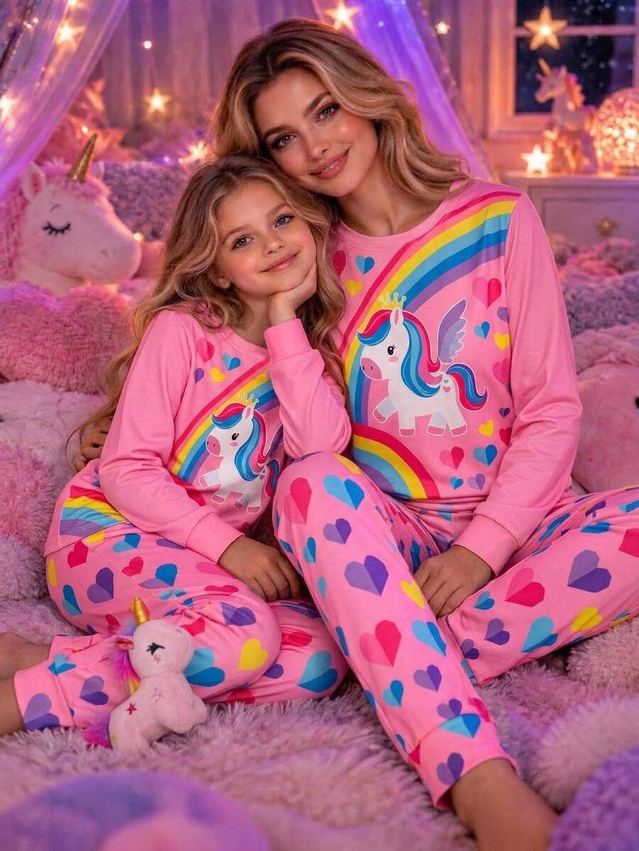 Girls Cute Unicorn Pattern Pajama Set, Heart Pattern Long Sleeve T-Shirt And Pants, Casual 2 Pieces Loungewear Slim Fit Random 4sets Send 1 Set - Pink - View 1