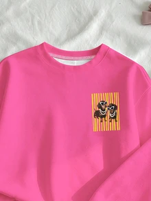 青少年女孩 2 件組 卡通小狗印花圓領套頭衛衣與條紋寬腿褲套裝，冬季穿搭 - 彩色 - 查看 4