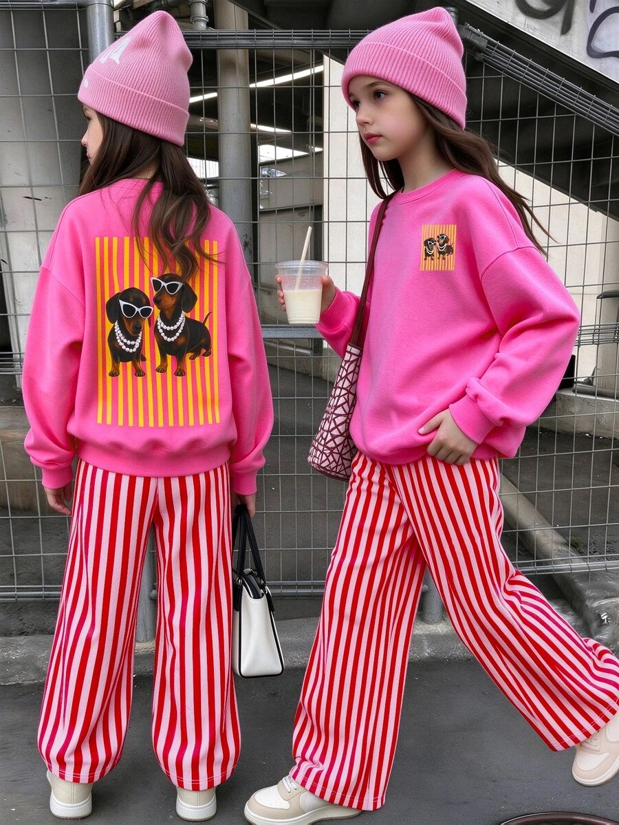 青少年女孩 2 件組 卡通小狗印花圓領套頭衛衣與條紋寬腿褲套裝，冬季穿搭 - 彩色 - 查看 1