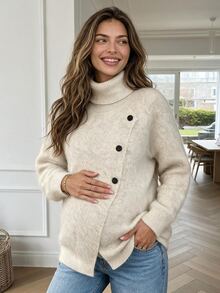 SHEIN Maternity Solid Color Casual Daily Long Sleeve Sweater - Apricot - View 3