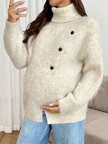 SHEIN Maternity Solid Color Casual Daily Long Sleeve Sweater - Apricot - View 5